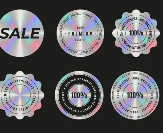 Set of holographic sticker, label templates. Shiny rainbow emblem Original, Limited Edition, New, Sale, Premium quality. Vector illustration
